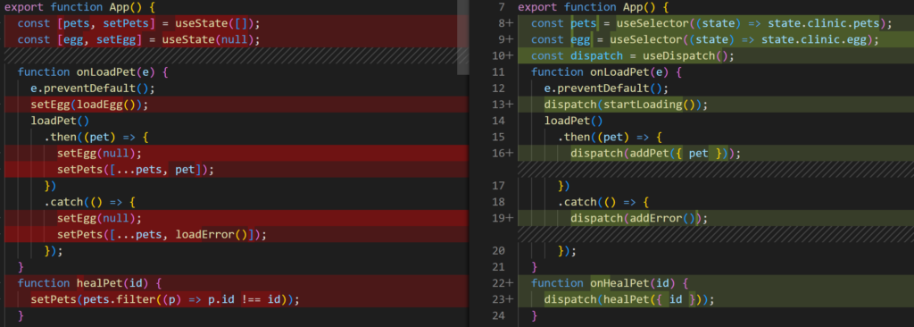 git diff after introducing actions and selectors